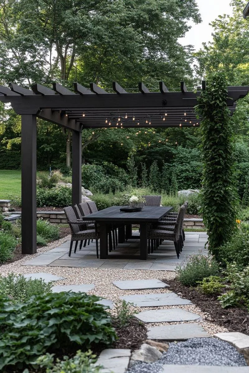 Stylish pergola with outdoor dining setup in landscaped backyard New Zealand