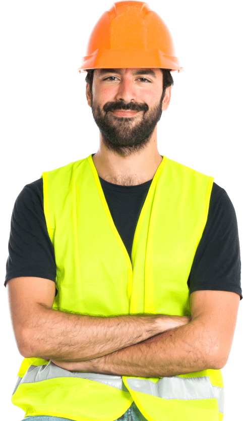 Construction worker in hard hat and safety vest smiling
